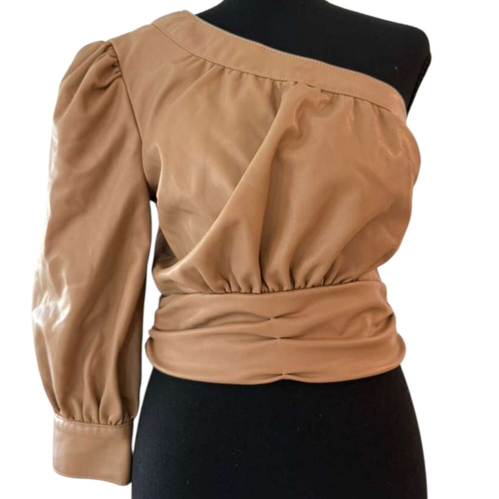 5 a'7 Cinq a' Sept One-Shoulder Puff Sleeve Camel-Colored Faux Leather Top